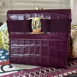 Salvatore Ferragamo Purple Croc Embossed Trifold Vara Wallet with Kisslock, EUC
